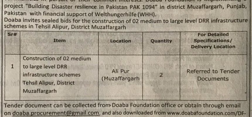 Construction od 02 medium to large level DRR infrastructure schemes Tehsil Alipur, District Muzaffargarh