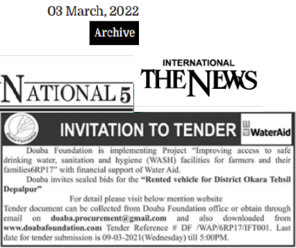 INVITATION TO TENDER, For the Provision of Rental Monthly Vehicles (sedan and hatchback vehicles from 800 to 1300 cc) Services to Doaba Foundation Okara, Pakistan, Tender Ref # DF /WAP/6RP17/IFT001