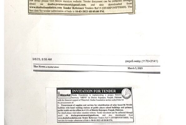 Tender Ref # DF /6RP19/IFT0009, Procurement of supplies and services for rehabilitation of solar based 06 WASH facilities with hand washing stations at public places school buildings and primary public health service offices in 4 UCs of District Rajanpur, Punjab, Pakistan.