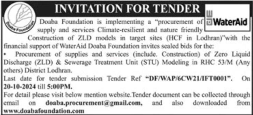 Tender Ref #DF/WAP/6CW-21/IFT0001, Procurement of supplies and services (include. Construction) of Zero Liquid Discharge (ZLD) & Sewerage Treatment Unit (STU) Modeling in RHC 53/M (Any other HCF) District Lodhran, Punjab – Pakistan