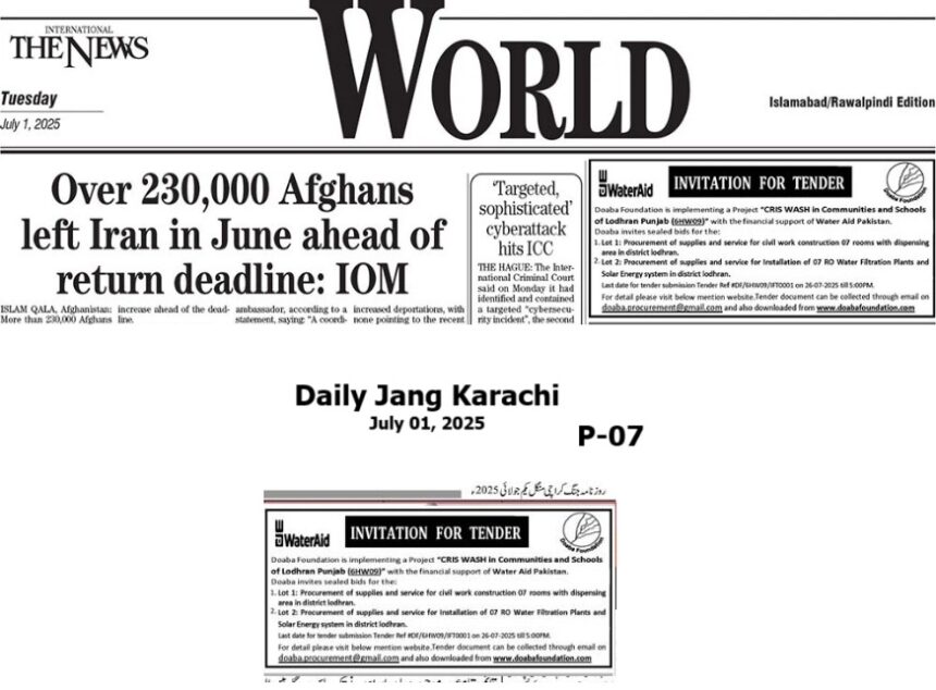 Procurement of clean and safe drinking water supplies and Service Sustainable (RO), climate resilient inclusive and Sustainable WASH in Communities and Schools (CRIS) in District Lodhran