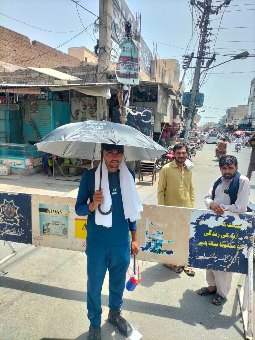 provision of Heatwave prevention Kits and CART SHEDS by District Police Officer to daily wage laborers and traffic police having excessive exposure to sunlight in UHI, printed with messages in District Layyah Punjab Pakistan