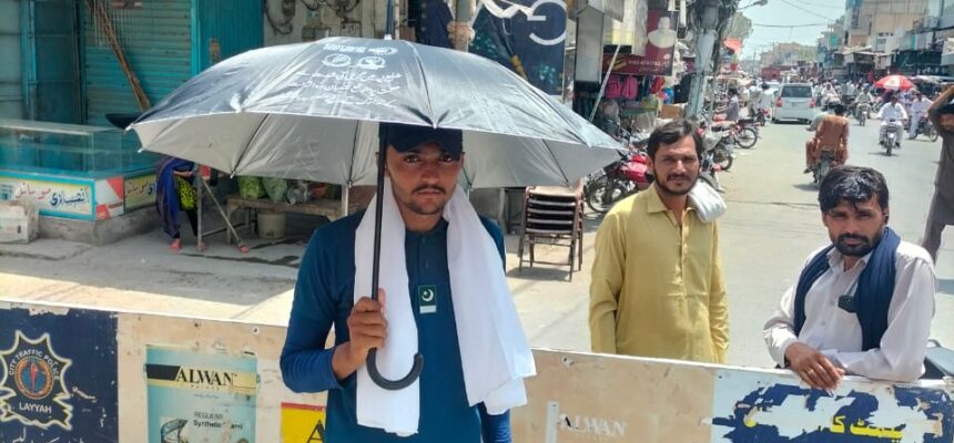 provision of Heatwave prevention Kits and CART SHEDS by District Police Officer to daily wage laborers and traffic police having excessive exposure to sunlight in UHI, printed with messages in District Layyah Punjab Pakistan
